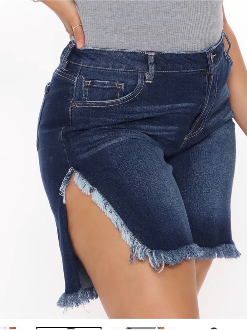 Fashion Nova Dark Blue High-Slit Frayed Hem Jean Shorts